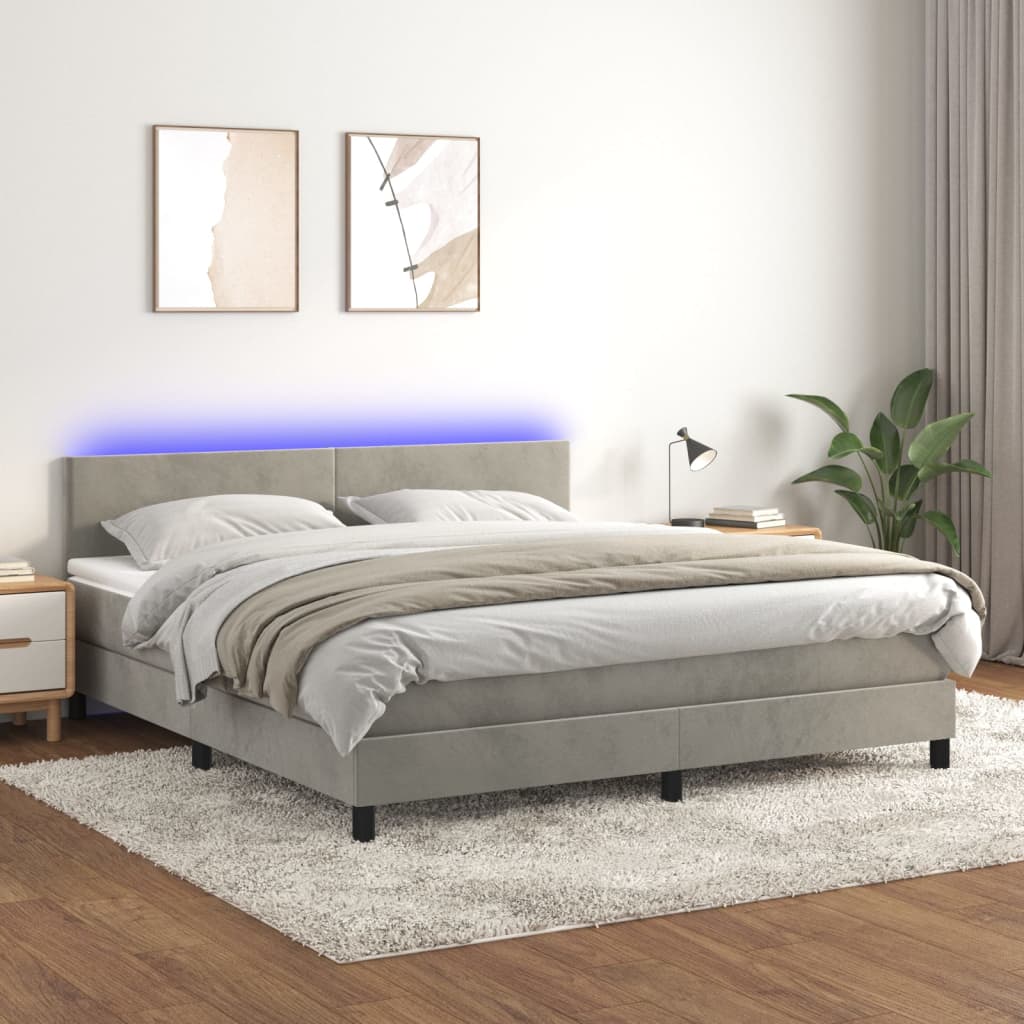Box Spring Postel S Matrací A Led Světle Šedá 180X200 Cm Samet