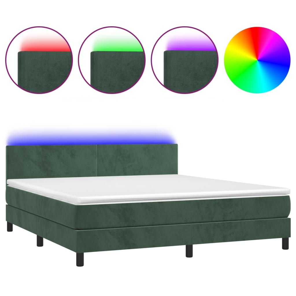 Box Spring Postel S Matrací A Led Tmavě Zelená 180X200 Cm Samet