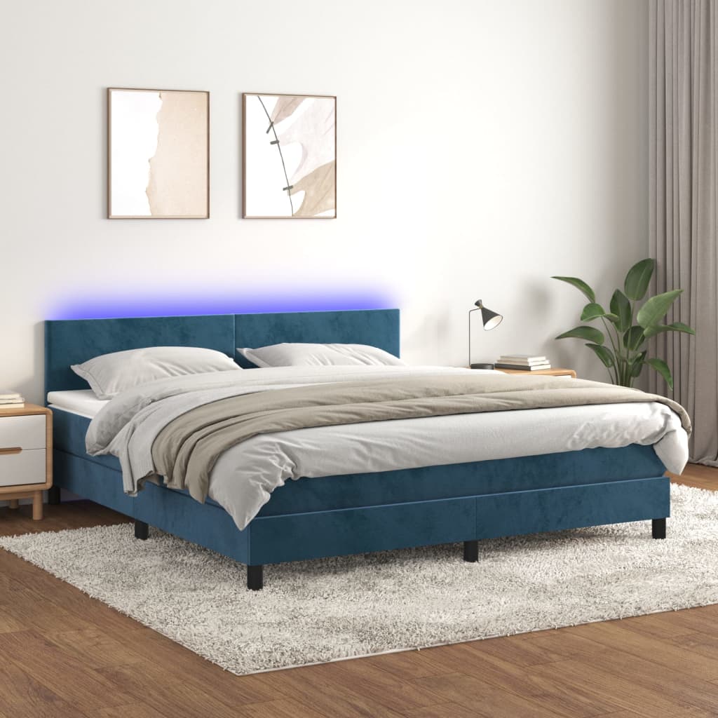 Box Spring Postel S Matrací A Led Tmavě Modrá 180X200 Cm Samet