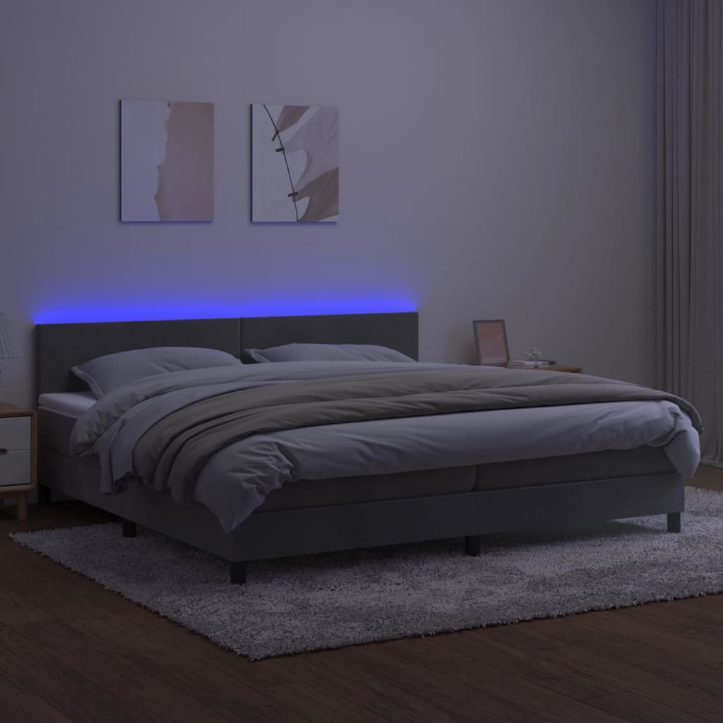 Box Spring Postel S Matrací A Led Světle Šedá 200X200 Cm Samet