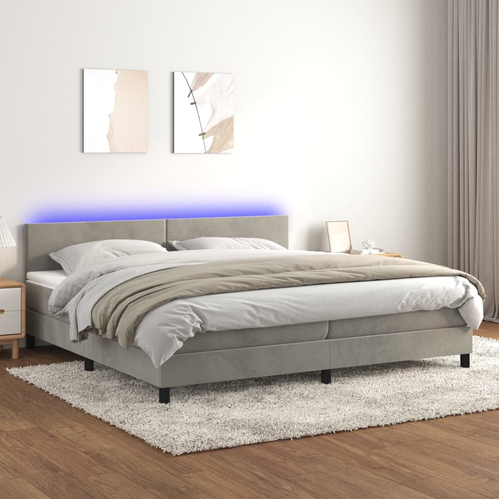 Box Spring Postel S Matrací A Led Světle Šedá 200X200 Cm Samet