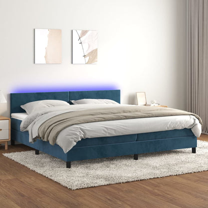 Box Spring Postel S Matrací A Led Tmavě Modrá 200X200 Cm Samet
