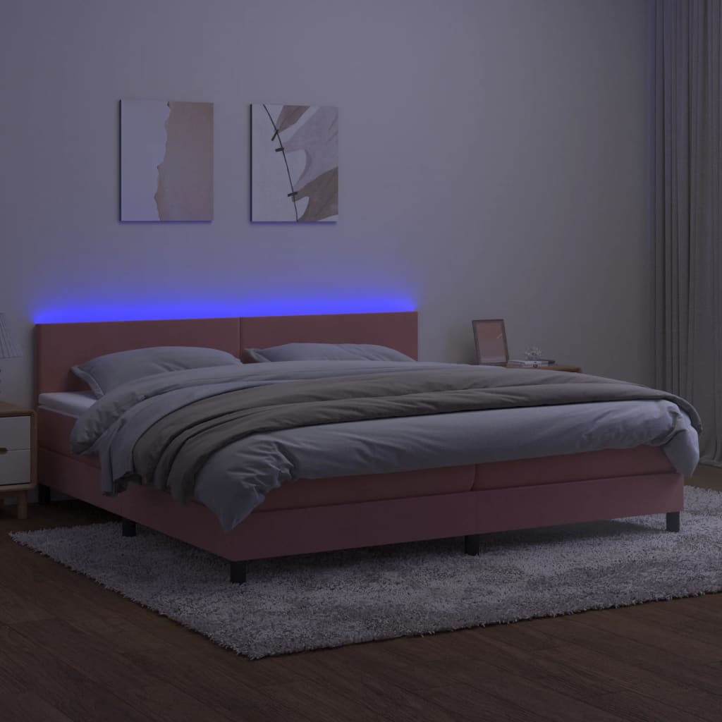 Box Spring Postel S Matrací A Led Růžová 200X200 Cm Samet