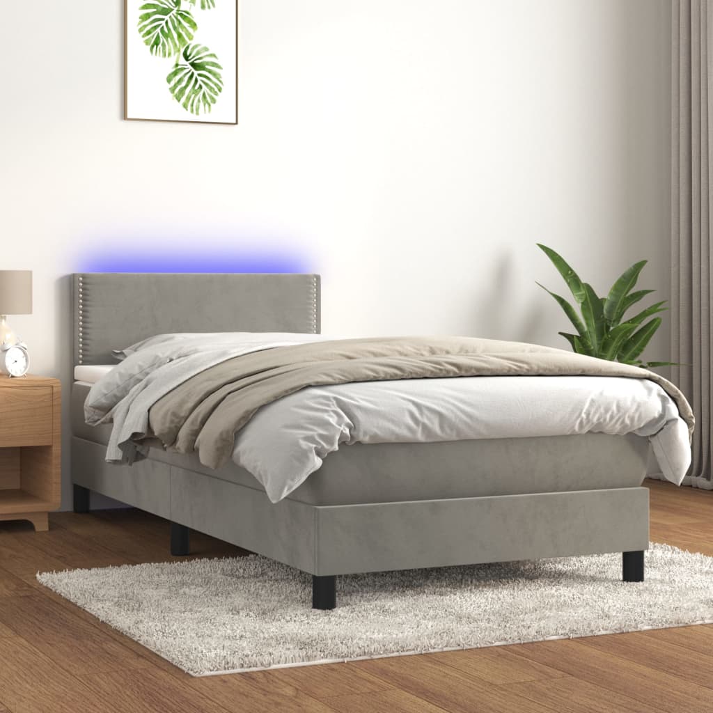 Box Spring Postel S Matrací A Led Světle Šedá 90X190 Cm Samet
