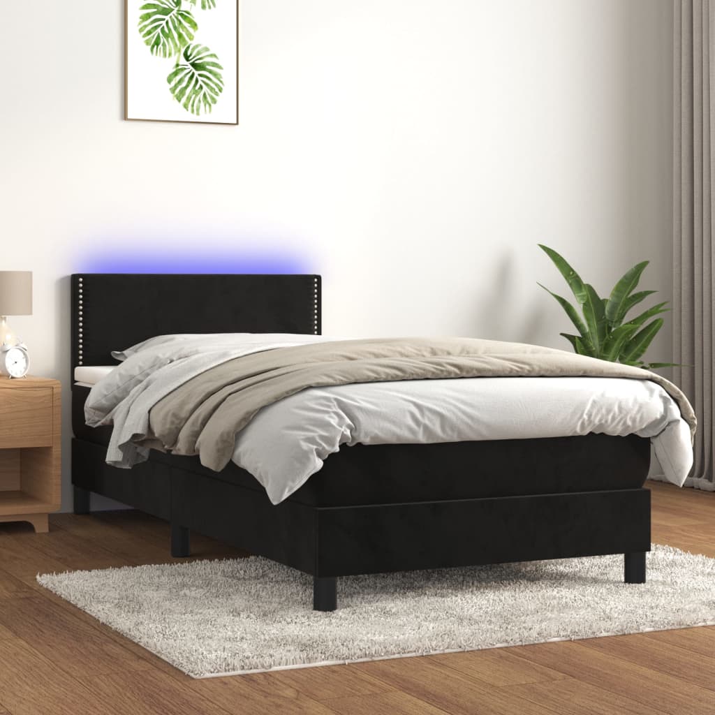 Box Spring Postel S Matrací A Led Černá 100X200 Cm Samet