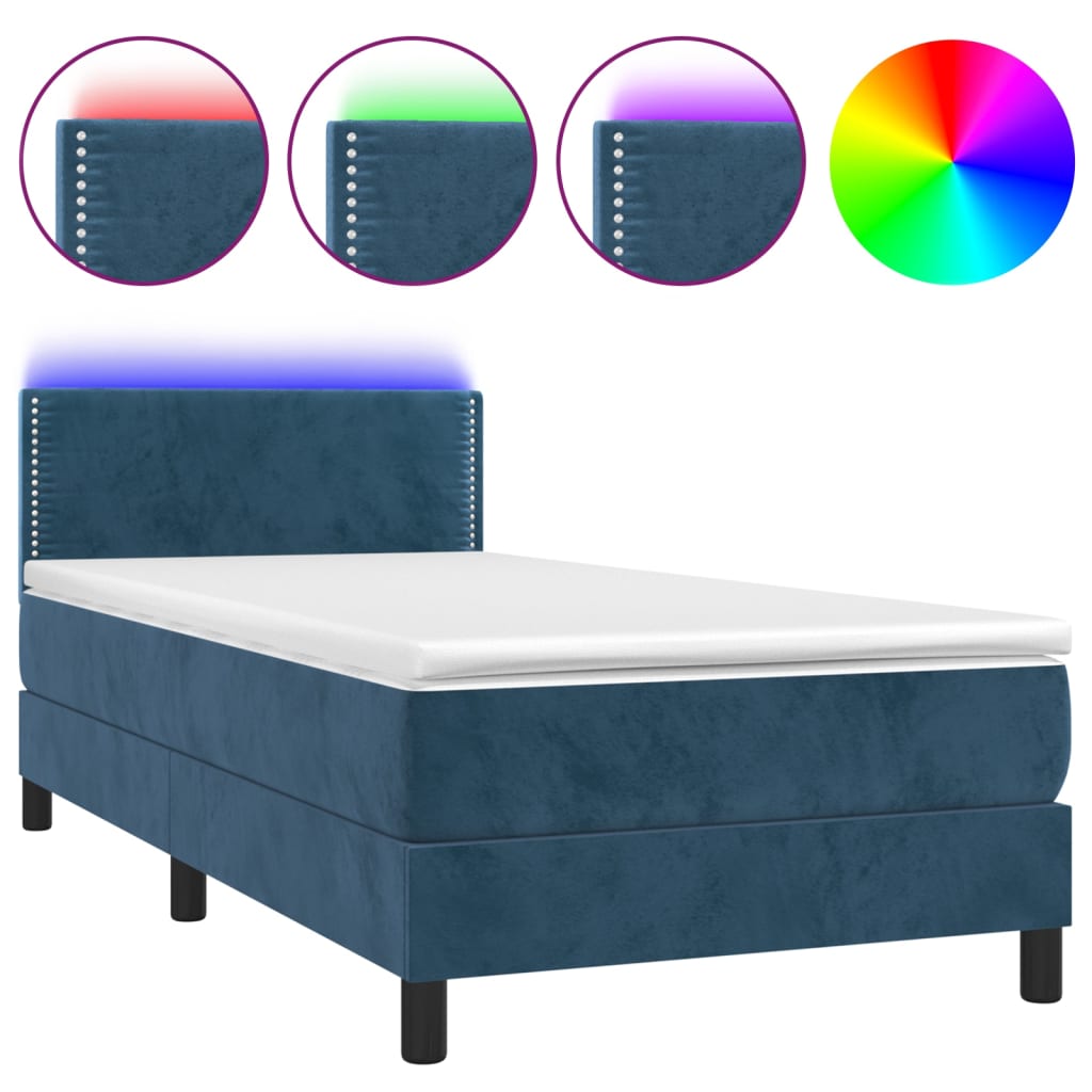 Box Spring Postel S Matrací A Led Tmavě Modrá 100X200 Cm Samet