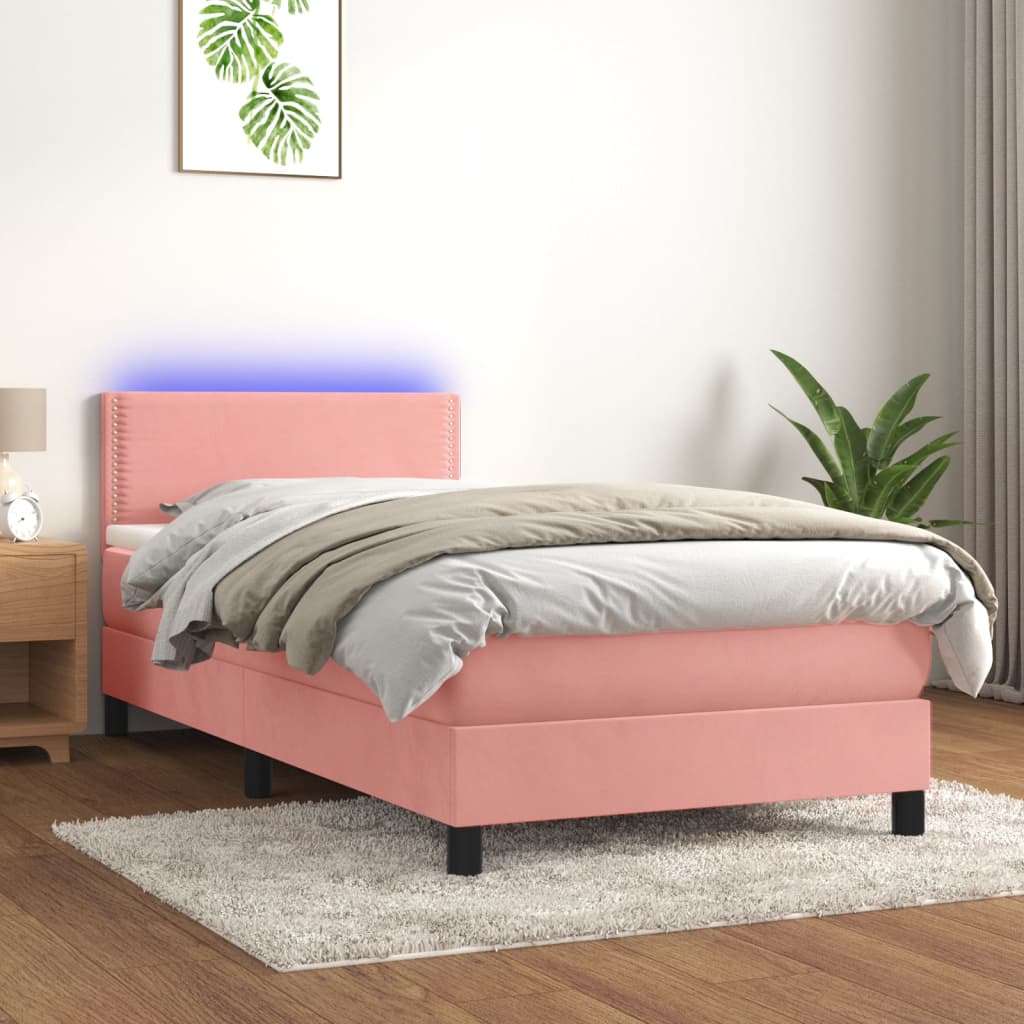 Box Spring Postel S Matrací A Led Růžová 100X200 Cm Samet