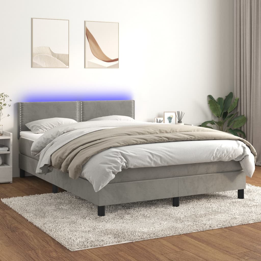 Box Spring Postel S Matrací A Led Světle Šedá 140X190 Cm Samet