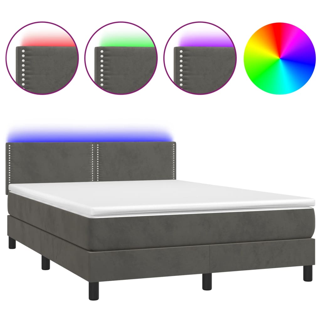 Box Spring Postel S Matrací A Led Tmavě Šedá 140X190 Cm Samet