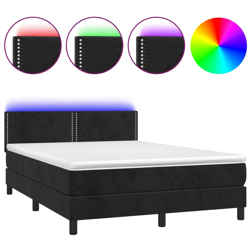 Box Spring Postel S Matrací A Led Černá 140X190 Cm Samet
