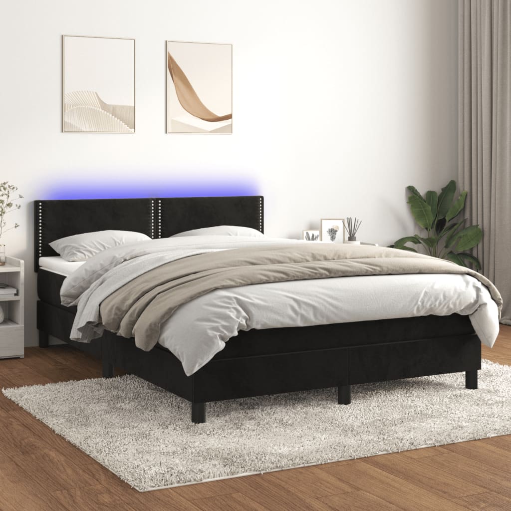 Box Spring Postel S Matrací A Led Černá 140X200 Cm Samet