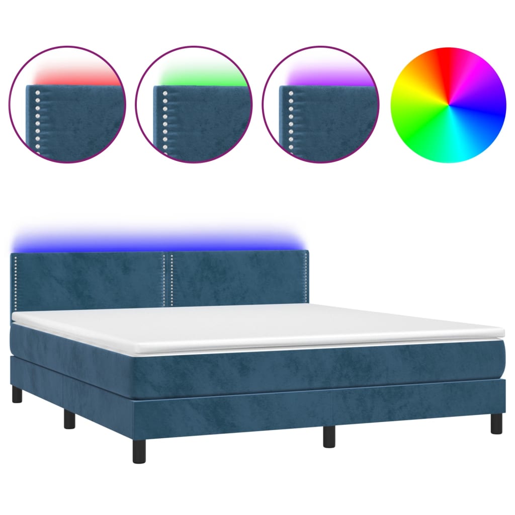 Box Spring Postel S Matrací A Led Tmavě Modrá 160X200 Cm Samet