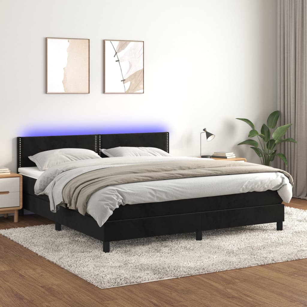 Box Spring Postel S Matrací A Led Černá 180X200 Cm Samet