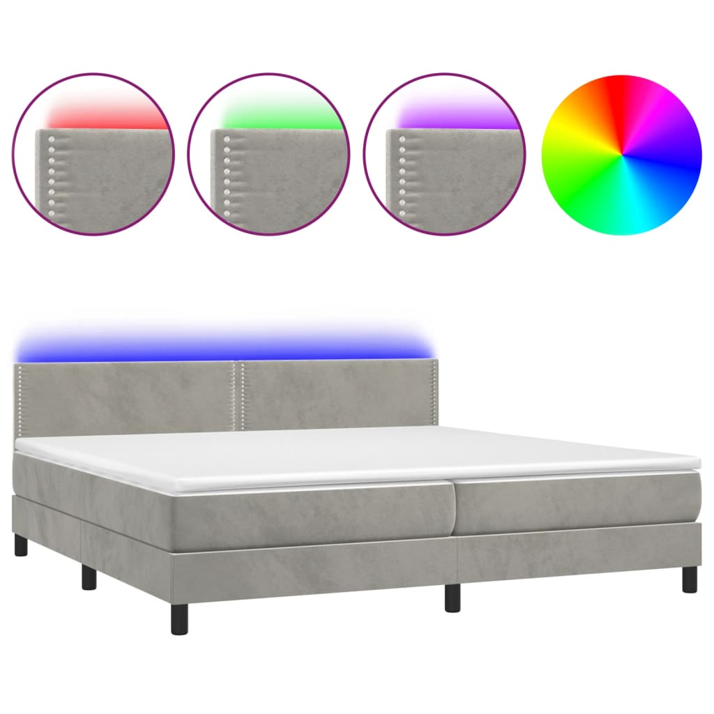Box Spring Postel S Matrací A Led Světle Šedá 200X200 Cm Samet