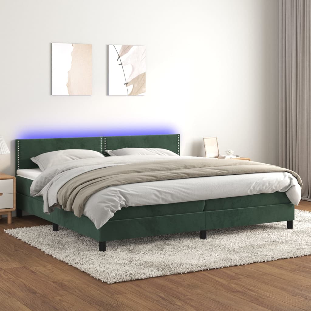 Box Spring Postel S Matrací A Led Tmavě Zelená 200X200 Cm Samet