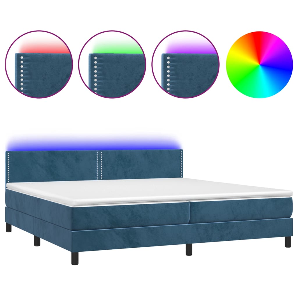 Box Spring Postel S Matrací A Led Tmavě Modrá 200X200 Cm Samet