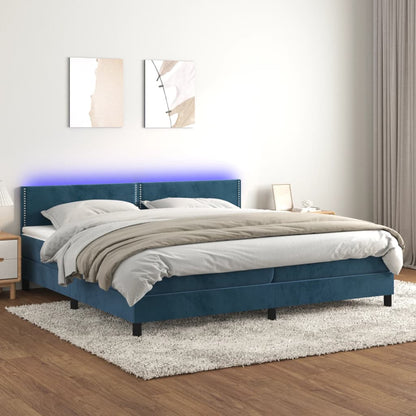 Box Spring Postel S Matrací A Led Tmavě Modrá 200X200 Cm Samet
