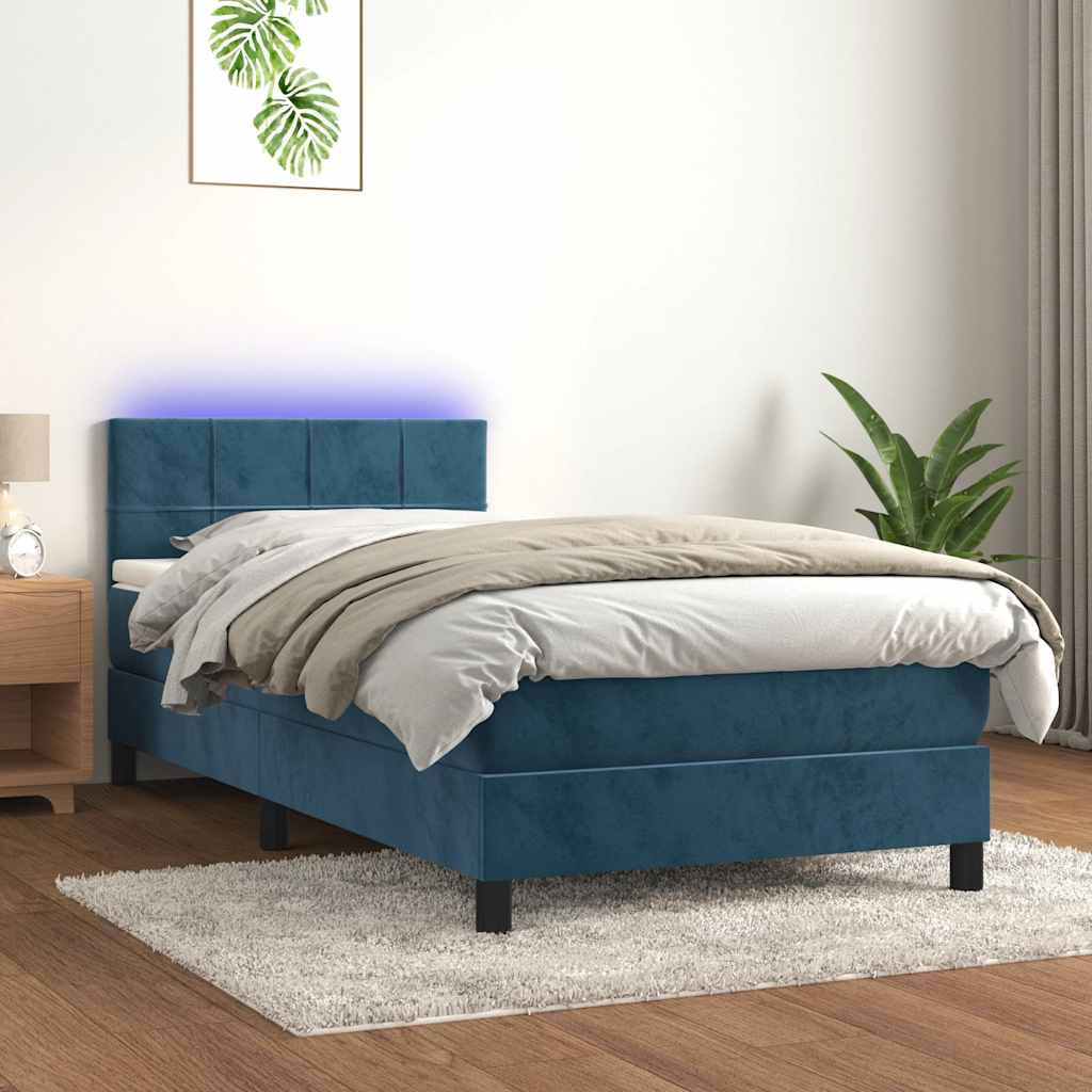 Box Spring Postel S Matrací A Led Tmavě Modrá Samet Tmavě Moddrá