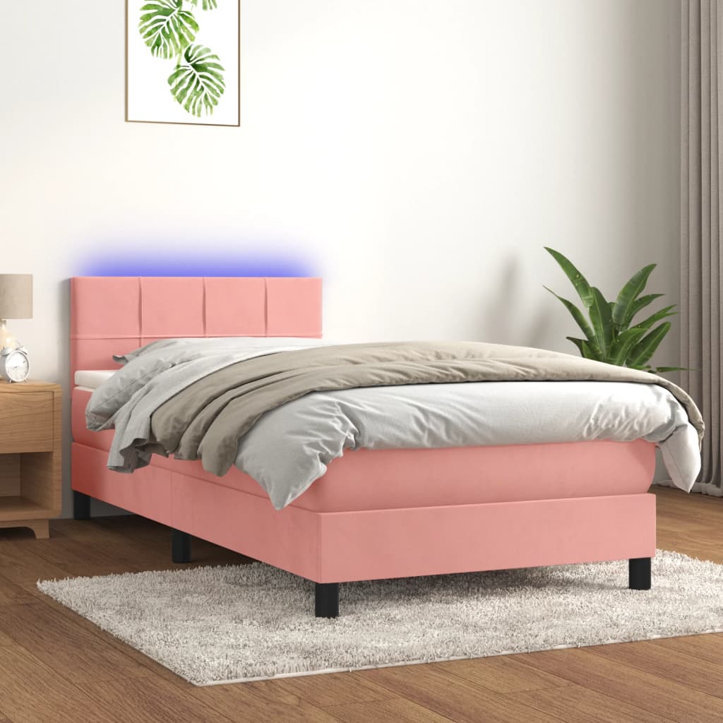 Box Spring Postel S Matrací A Led Růžová 90X200 Cm Samet