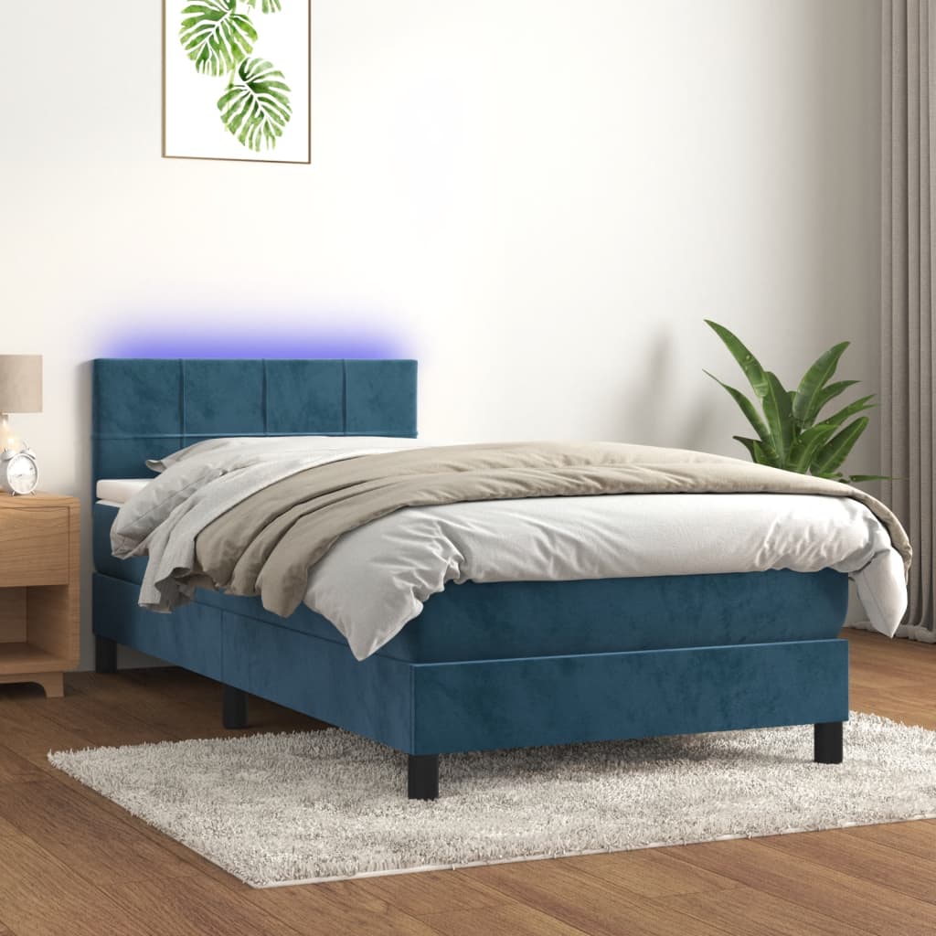 Box Spring Postel S Matrací A Led Tmavě Modrá Samet Tmavě Moddrá