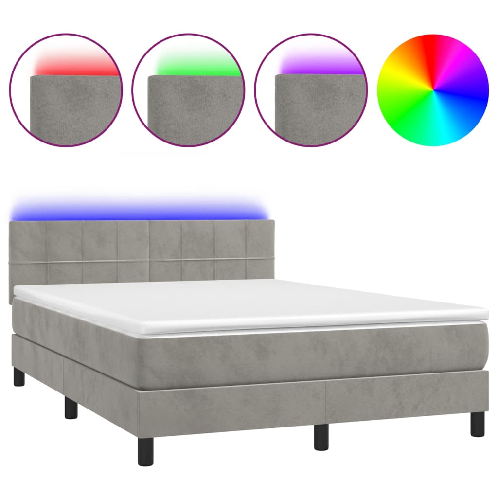 Box Spring Postel S Matrací A Led Světle Šedá 140X190 Cm Samet