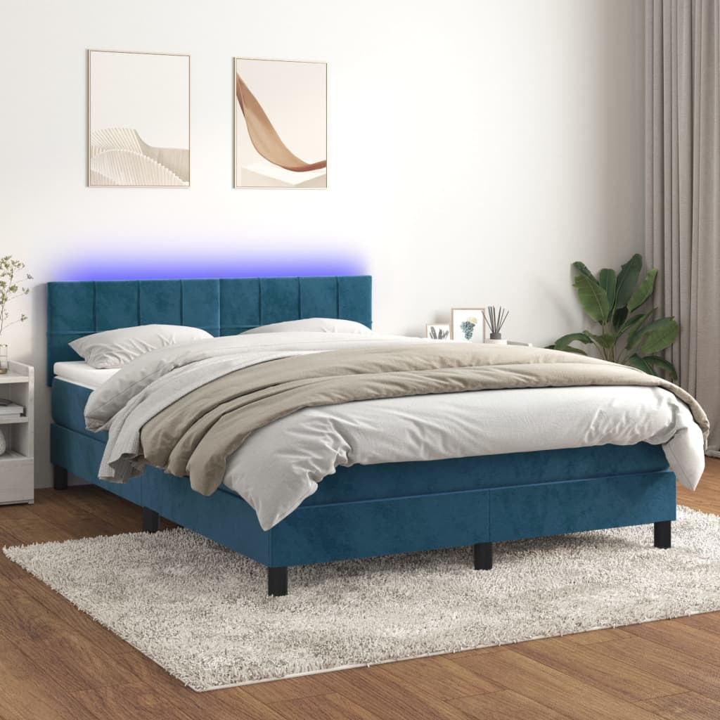 Box Spring Postel S Matrací A Led Tmavě Modrá Samet Tmavě Moddrá