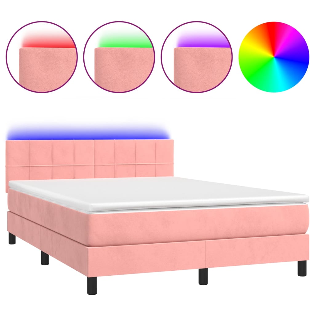 Box Spring Postel S Matrací A Led Růžová 140X190 Cm Samet