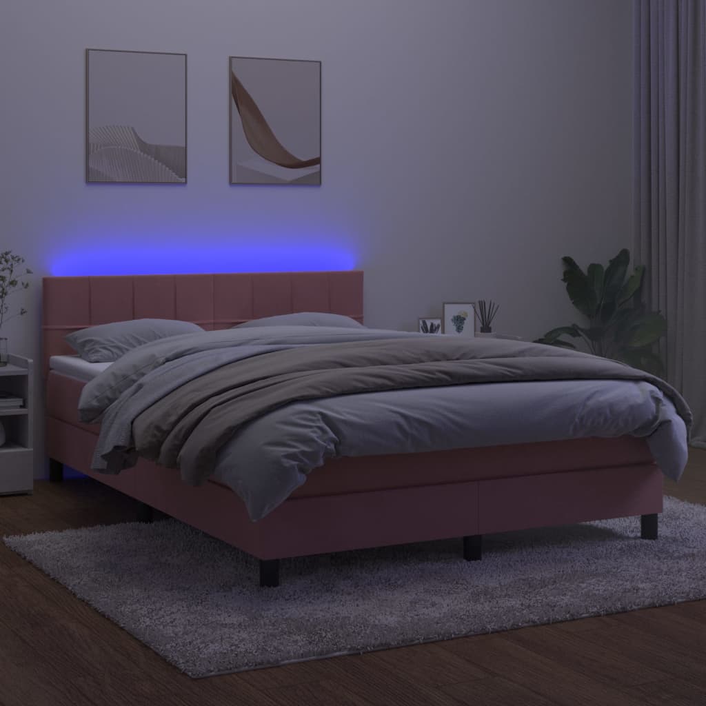 Box Spring Postel S Matrací A Led Růžová 140X190 Cm Samet