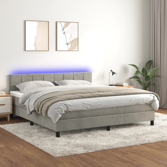 Box Spring Postel S Matrací A Led Světle Šedá 160X200 Cm Samet