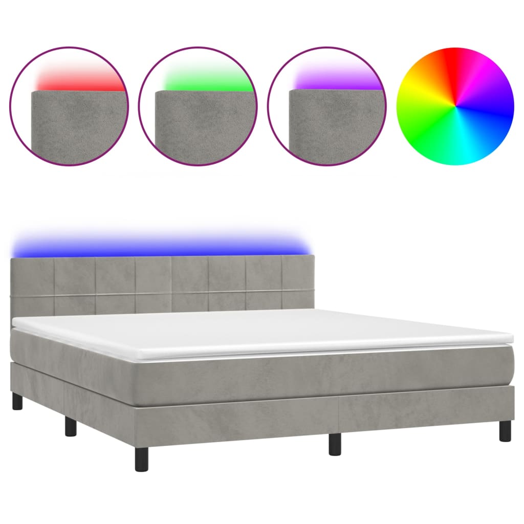 Box Spring Postel S Matrací A Led Světle Šedá 180X200 Cm Samet