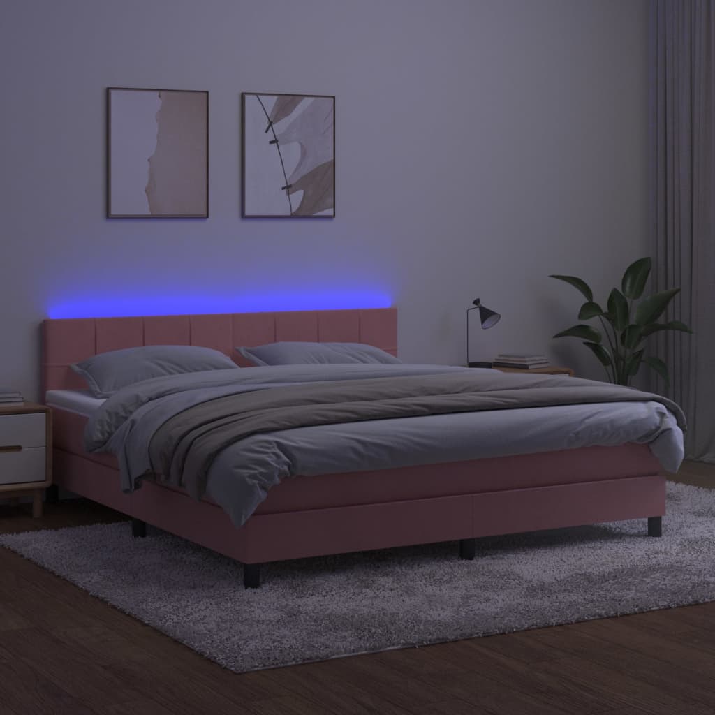 Box Spring Postel S Matrací A Led Růžová 180X200 Cm Samet