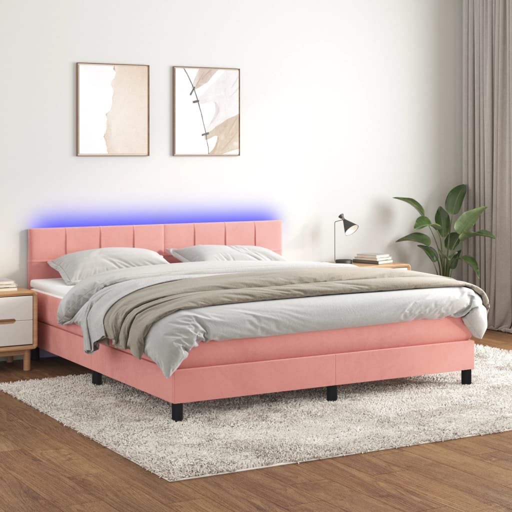 Box Spring Postel S Matrací A Led Růžová 180X200 Cm Samet