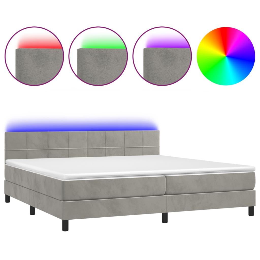 Box Spring Postel S Matrací A Led Světle Šedá 200X200 Cm Samet