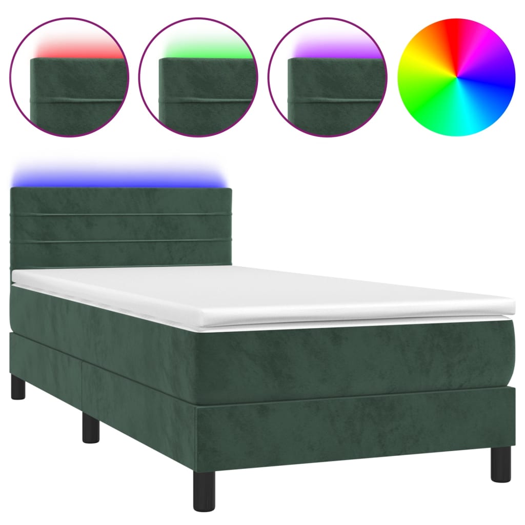 Box Spring Postel S Matrací A Led Tmavě Zelená 90X200 Cm Samet