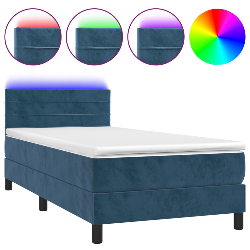 Box Spring Postel S Matrací A Led Tmavě Modrá Samet Tmavě Moddrá
