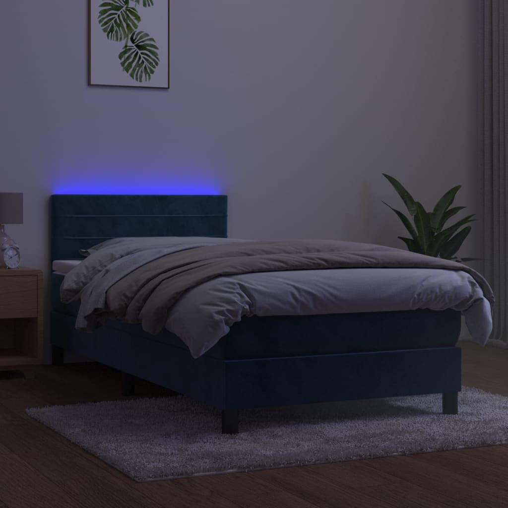 Box Spring Postel S Matrací A Led Tmavě Modrá Samet Tmavě Moddrá