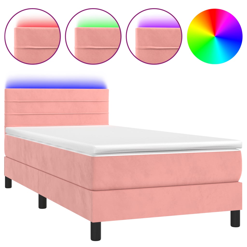 Box Spring Postel S Matrací A Led Růžová 90X200 Cm Samet