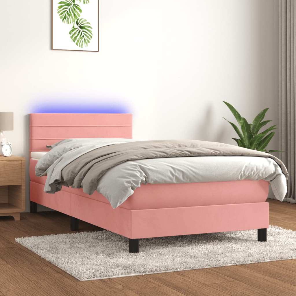 Box Spring Postel S Matrací A Led Růžová 90X200 Cm Samet
