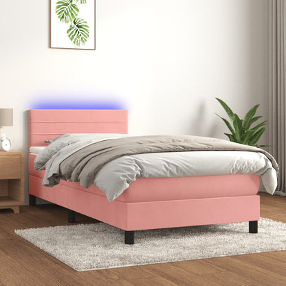 Box Spring Postel S Matrací A Led Růžová 90X200 Cm Samet