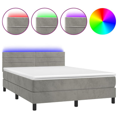 Box Spring Postel S Matrací A Led Světle Šedá 140X190 Cm Samet