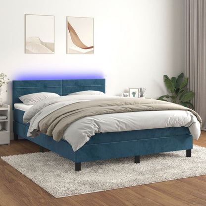 Box Spring Postel S Matrací A Led Tmavě Modrá Samet Tmavě Moddrá