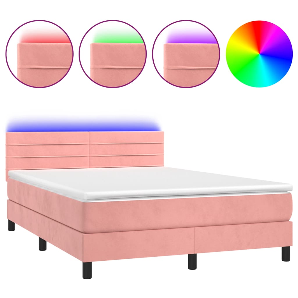 Box Spring Postel S Matrací A Led Růžová 140X200 Cm Samet