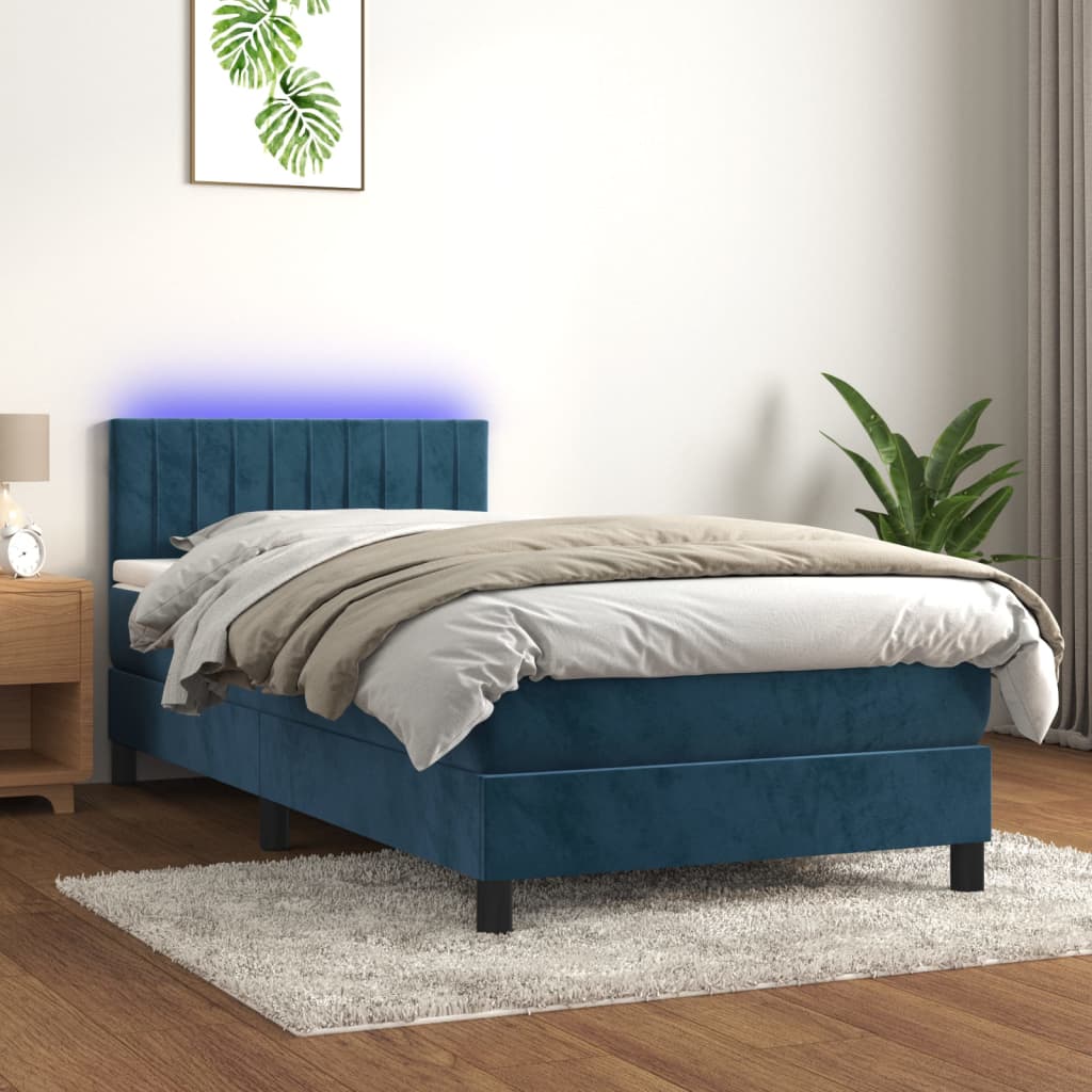 Box Spring Postel S Matrací A Led Tmavě Modrá 80 X 200 Cm Samet
