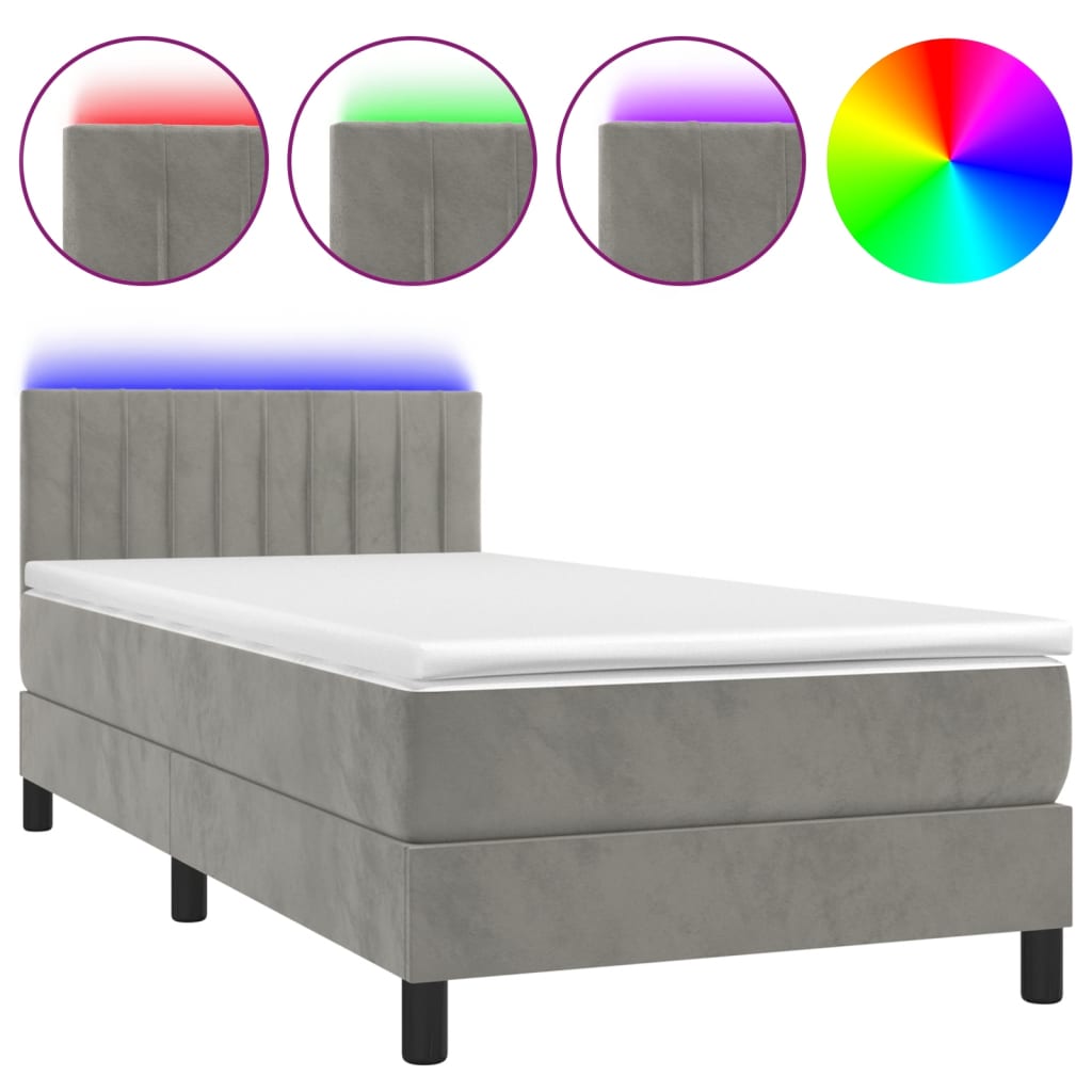 Box Spring Postel S Matrací A Led Světle Šedá 90X190 Cm Samet