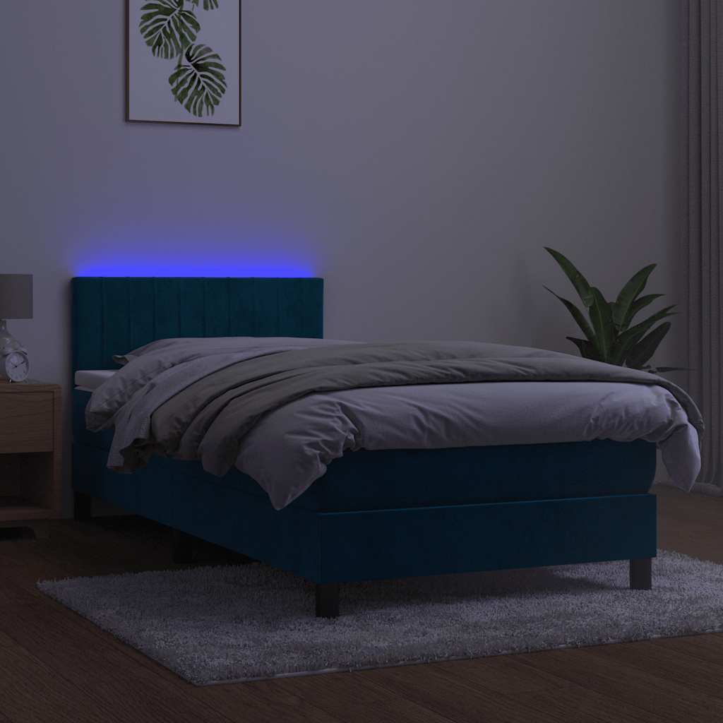 Box Spring Postel S Matrací A Led Tmavě Modrá 90X190 Cm Samet