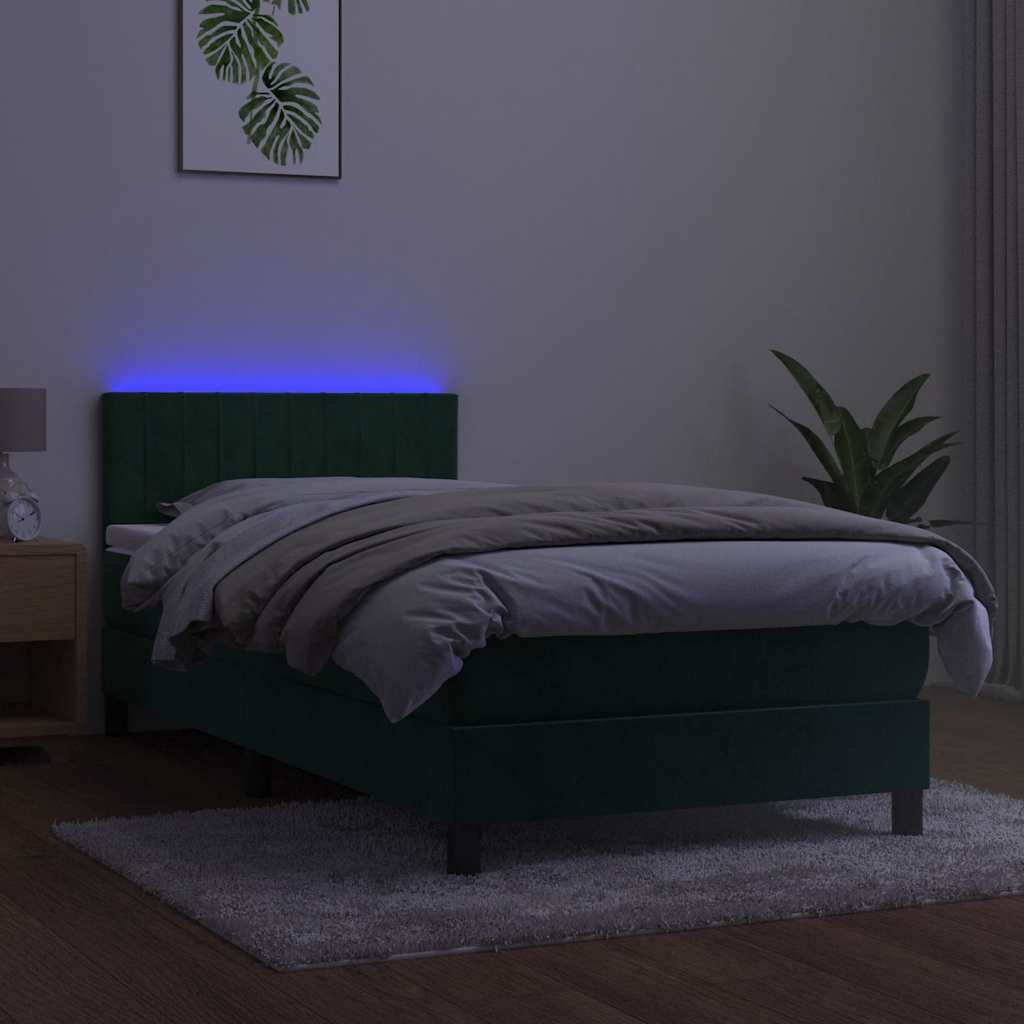 Box Spring Postel S Matrací A Led Tmavě Zelená 90X200 Cm Samet