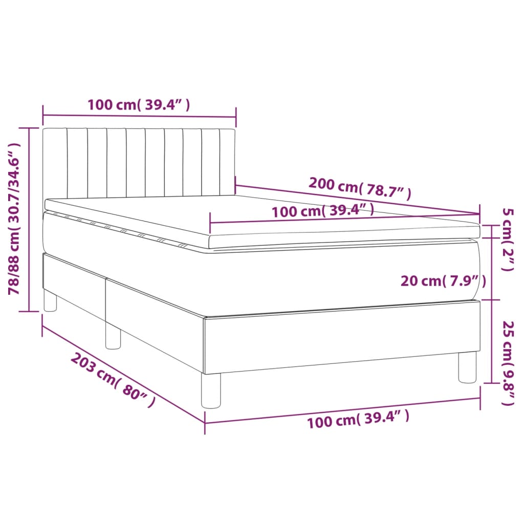 Box Spring Postel S Matrací A Led Tmavě Šedá 100X200 Cm Samet