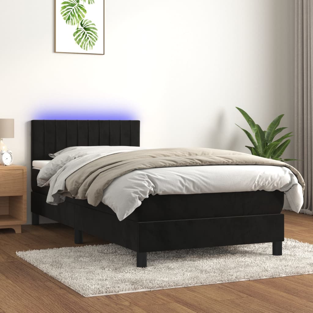 Box Spring Postel S Matrací A Led Černá 100X200 Cm Samet