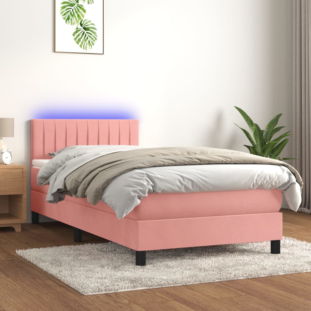 Box Spring Postel S Matrací A Led Růžová 100X200 Cm Samet