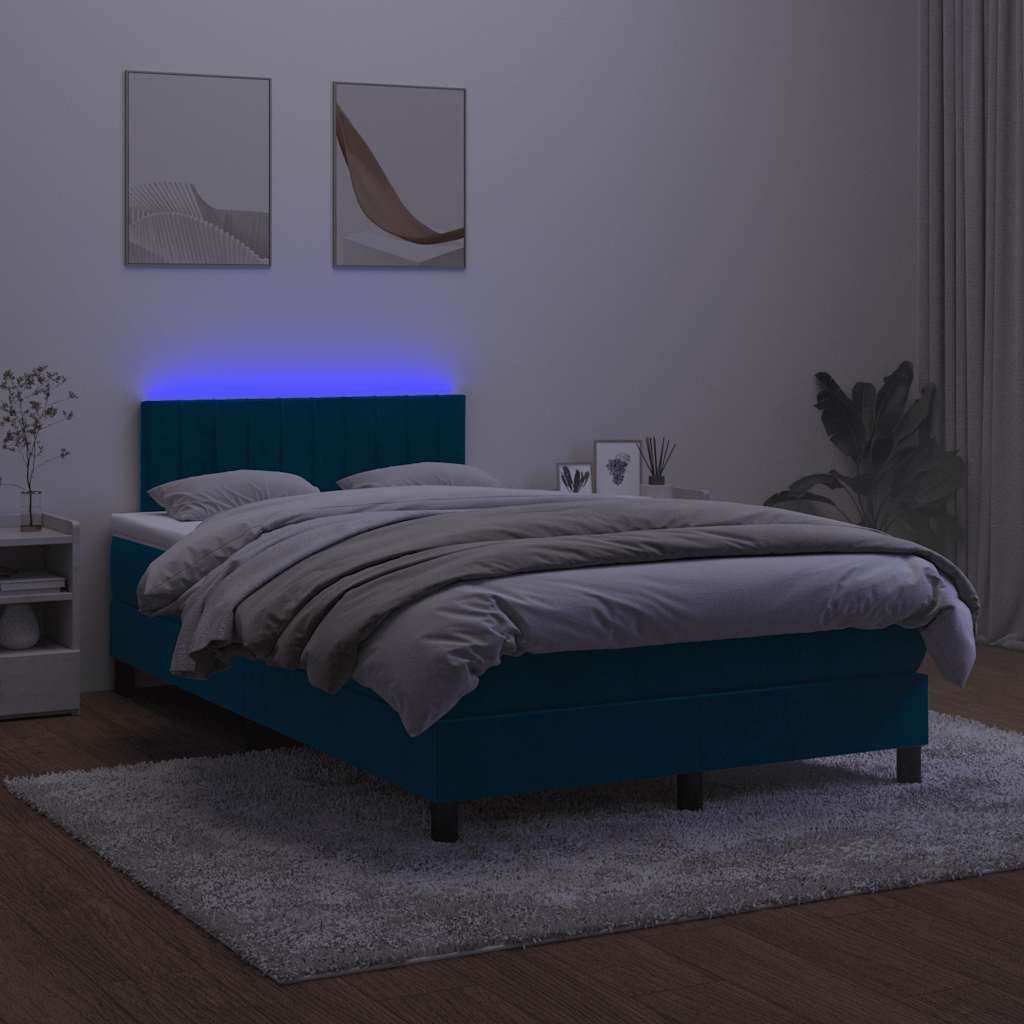 Box Spring Postel S Matrací A Led Tmavě Modrá 120X200 Cm Samet
